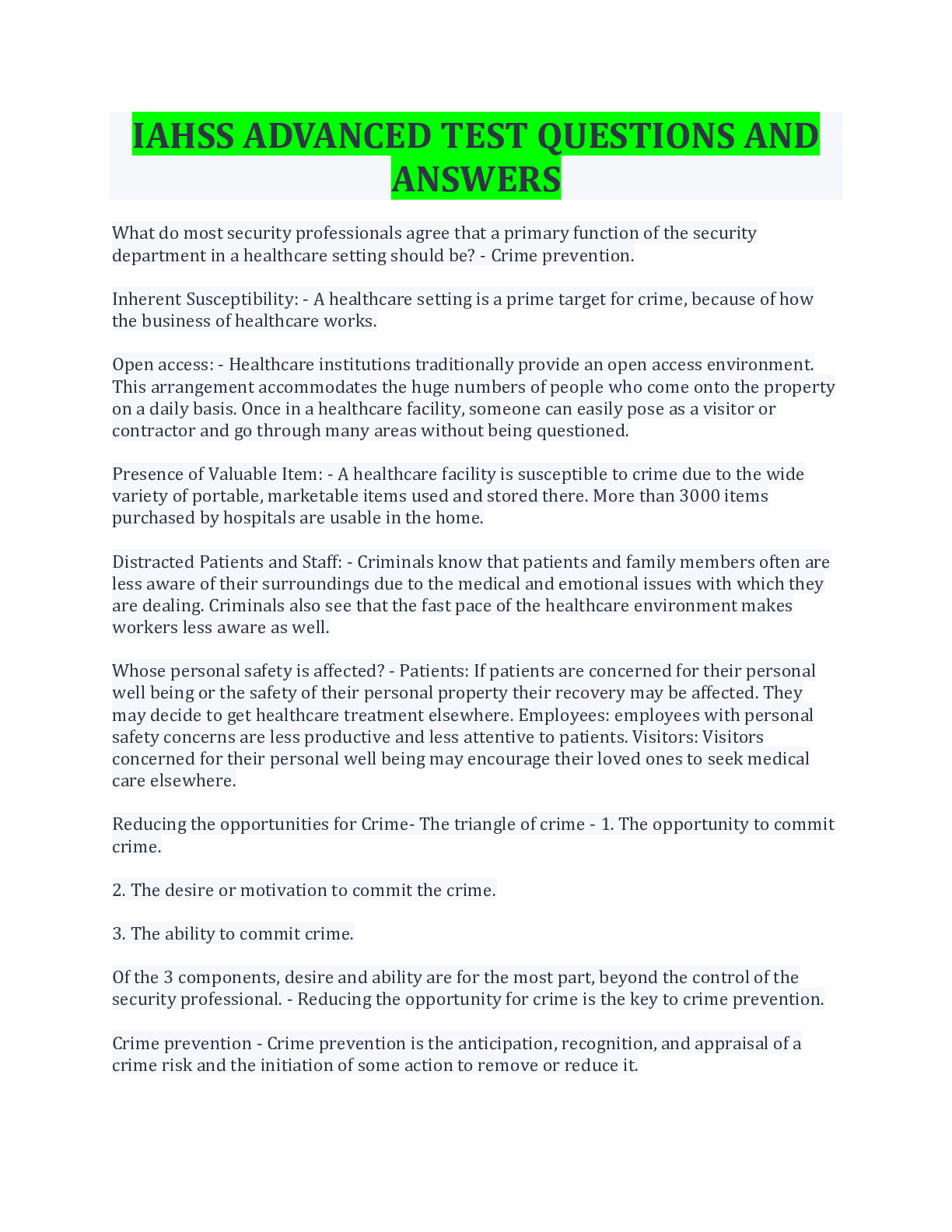 Preview image for IAHSS ADVANCED TEST QUESTIONS AND ANSWERS